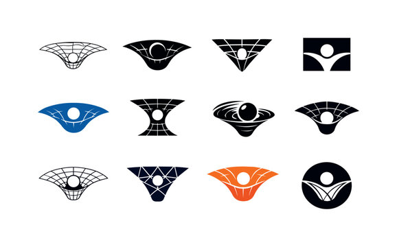 The role of gravity in space and astrophysics. Icon set. Set Logo of the role of gravity in space and astrophysics: curved spacetime grid.