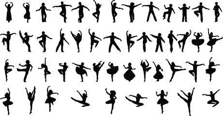 Dancing people silhouette collection, ballet dancer poses, modern jazz dance vector illustration, active male and female isolated on white background.