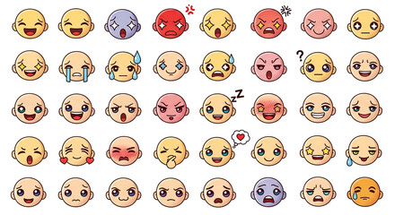 Fototapeta premium Cute Emoji Expression Set, Kawaii Cartoon Faces with Various Emotions, Flat Vector Illustration