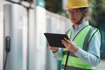A male technician wearing a yellow safety helmet holds a tablet while inspecting equipment at an outdoor charging station © zhu difeng