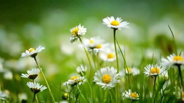 A vibrant meadow scene with white daisies and yellow centers, bathed in soft light