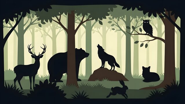 Forest wildlife scene with deer, bear, wolf, birds, and trees in a serene natural setting viewed from a distance
