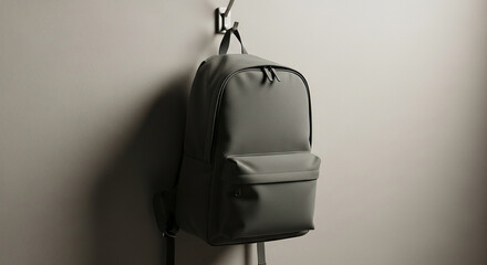 Gray Backpack Hanging on Hook Against Plain Wall
