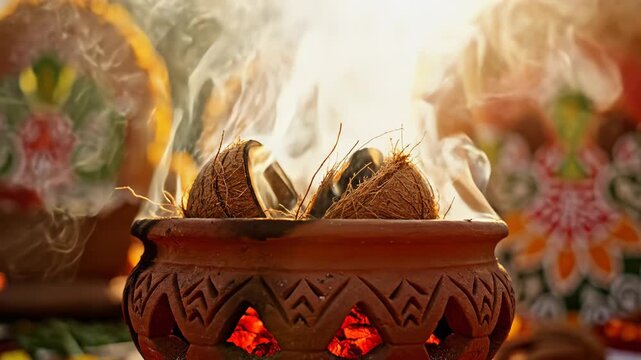 Traditional Indian Sacred Fire Ceremony With Coconuts Burning Over Hot Coals in Clay Pot Emitting White Smoke Under Warm Sunlight Spiritual Ritual Offering