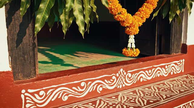 Traditional Indian Toran Decoration Featuring Vibrant Orange Marigold Garlands and Lush Green Mango Leaves Adorning a Doorway with Intricate White Rangoli Patterns on a Sunny Day