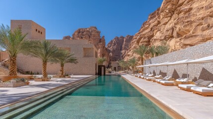 Fototapeta premium Luxury resort pool with buildings and rock formations in sunny daylight