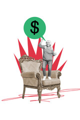 Vertical photo collage of happy old woman dance royal chair dollar bubble transaction income usd capital isolated on painted background