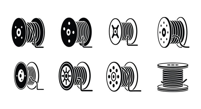 Collection of black and white cable spool and wire reel icons