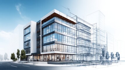 Modern architectural office building with drawing overlay and trees daylight scene