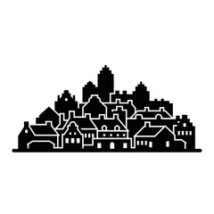 Obraz premium Silhouette of a European City Skyline with Historic Buildings.