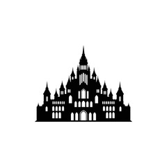 Silhouette of a grand gothic castle with many towers and windows.