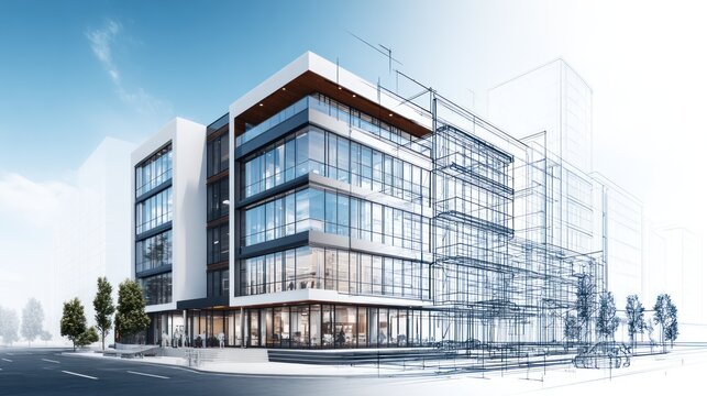 Modern architectural office building with drawing overlay and trees daylight scene