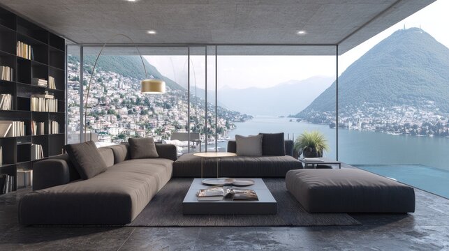 Modern living room interior with mountain view and large windows