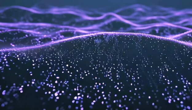 Abstract purple digital dynamic particle waves with motion light background, data flow, cyber technology. 3d rendering. Seamless loop video 4k. Video intro animation