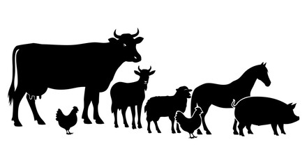 Fototapeta premium Farm Animal Silhouette Vector Set 