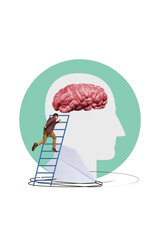 Fototapeta premium Vertical photo collage of anonym man researcher climb ladder human shape head brain plan cortex discovery isolated on painted background