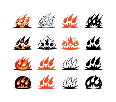 Fiery Icon Set. Fire and brimstone raining down. Icon set. Set Logo of Fire and brimstone raining down: explosion impacts on ground. harmonious logo variations
