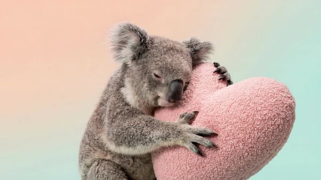 Sweet koala hugging soft heart shaped pillow close up pastel studio background adorable animal love concept video for valentine day 4k footage