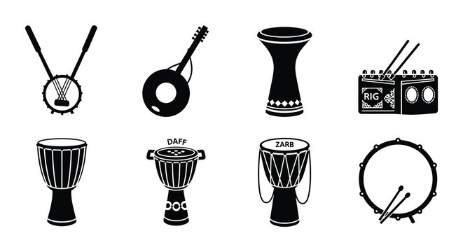 Collection of various traditional percussion instruments in black and white