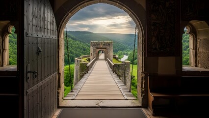 Obraz premium View of a medieval stone bridge through an arched doorway with lush green hills and cloudy sky