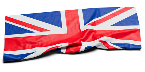 The wrinkled flag of the United Kingdom draped onto a flat plane - transparent background with shadow