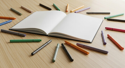 Open blank notebook surrounded by colorful pens and pencils on wooden table blank pages