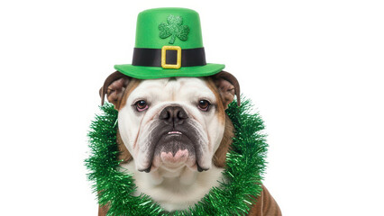 St. Patrick's Day. grumpy but cute English Bulldog wearing a funny green Saint Patrick's hat and green tinsel. on white background