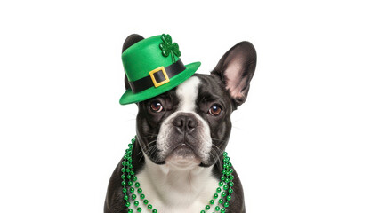 St. Patrick's Day. Dog in a leprechaun hat on white background
