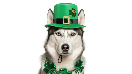 St. Patrick's Day. Siberian Husky with intense blue eyes, wearing a green festive St. Patrick's Day hat and shamrock beads on a white background