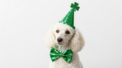 St. Patrick's Day. white Poodle wearing a green hat with sequins and a shamrock bow tie. on a white background