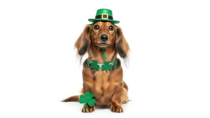 St. Patrick's Day. Dachshund wearing a tiny green leprechaun hat and shamrock accessories on a white background