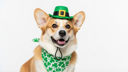 St. Patrick's Day. Pembroke Welsh Corgi wearing a green hat and a shamrock bandana on white background