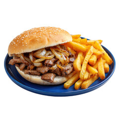  Sandwich with steak and onions served with fries on a blue plate. [Transparent Background PNG].
