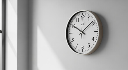 Round wall clock with black numbers and hands on light gray wall black clock hands