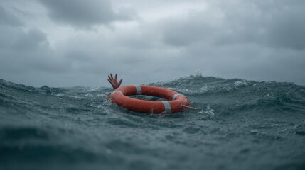 Fototapeta premium Person in distress with a life preserver in rough ocean waters