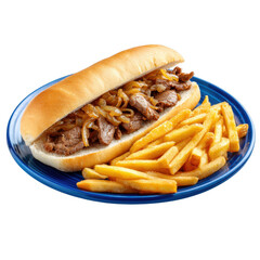  Sandwich with steak and onions served with fries on a blue plate. [Transparent Background PNG].