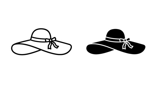 Wide-brimmed hat icon symbol for sun protection, summer fashion, and vacation. Vector outline and solid black illustration.