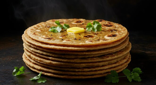Stack of Indian flatbread with butter and herbs on top, traditional cuisine