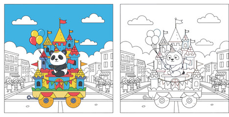 Cute cartoon panda character wearing a party hat on a colorful castle float holding balloons in a street parade © MstSangita