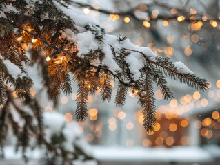 Fir branch covered in fresh snow with warm bokeh lights creating a festive winter background