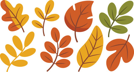Obraz premium Autumn Fall Leaves Vector Collection with Colorful Orange Yellow and Green Foliage Elements in Flat Cartoon Style Isolated on White Background