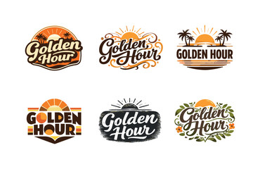 Obraz premium Golden Sunset Lettering Grid. Golden hour sunset. Set lettering. harmonious lettering variations of the same emblematic concept, each with different artistic