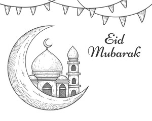 Eid Mubarak Mosque with Crescent Moon greeting Hand Drawn illustration © goo_design