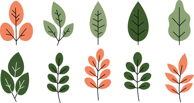 Set of green vector leaves and four leaf clover elements featuring a natural foliage pattern and floral branch silhouettes for spring plant decoration and seamless summer environment design