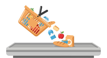 Vibrant illustration of a grocery shopping basket overflowing and spilling various food items onto a supermarket conveyor belt, depicting a retail purchase mishap or delivery concept