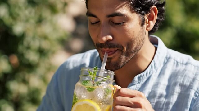 Refreshing homemade lemonade with mint and lemon slices in mason jars