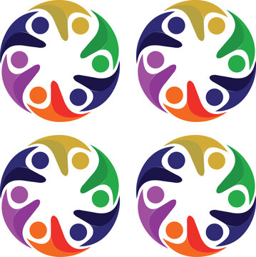 Four colorful circular logos depicting diverse stylized people in a circle, symbolizing community, unity, and collaboration.