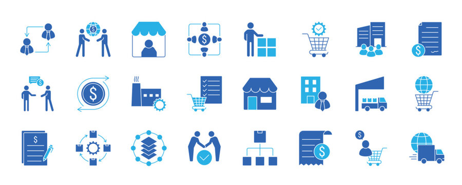 B2B icon set. Business to business, supplier, commerce, vendor, enterprise, partnership, manufacturer, purchase order, supply chain, transaction, quotation and more.