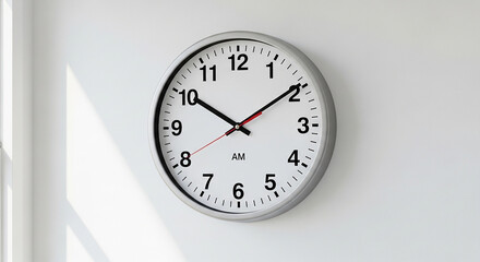 White wall clock showing 2:10 A M with black numbers and hands white clock black hands
