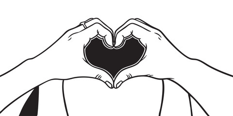 Obraz premium People forming heart shape with hands, flat black and white, vector illustration, isolated, minimal, simple design